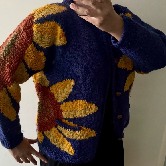 VINTAGE Express Tricot Sunflower Sweater granny bohemian eclectic grandpa boho - Picture 16 of 16